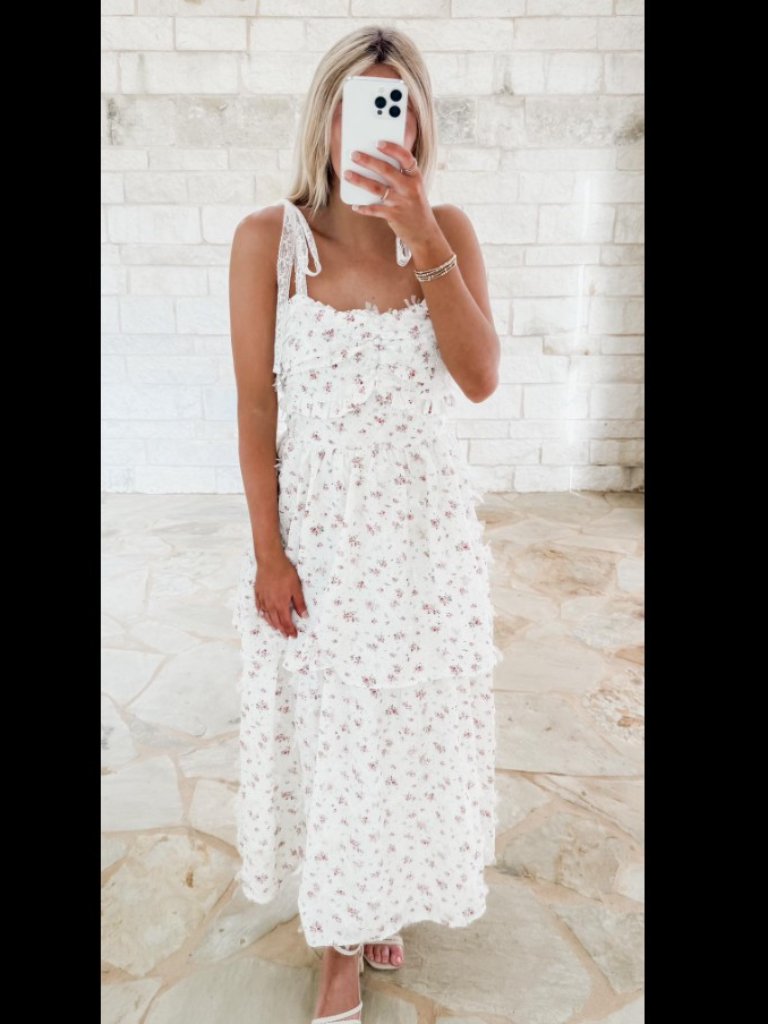 Just Me Floral Midi Dress With Tiered Ruffle Ivory Pink